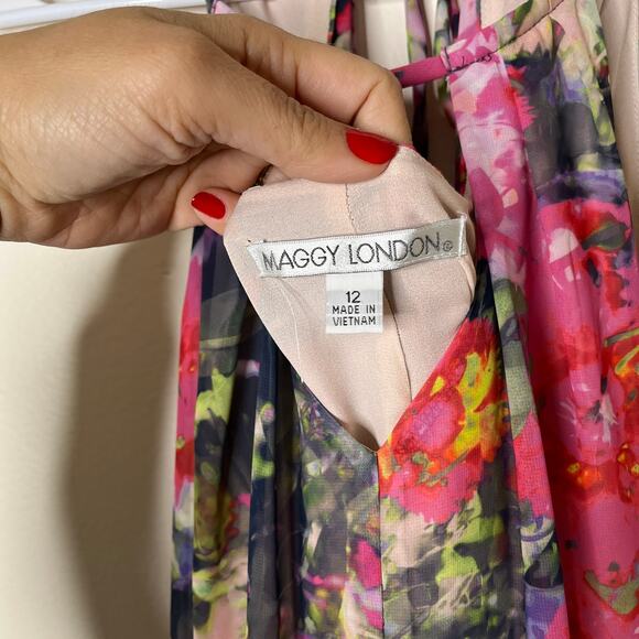 Maggy London Floral Maxi Dress Womens 12 Sleeveless Keyhole Watercolor Spring - Picture 4 of 10